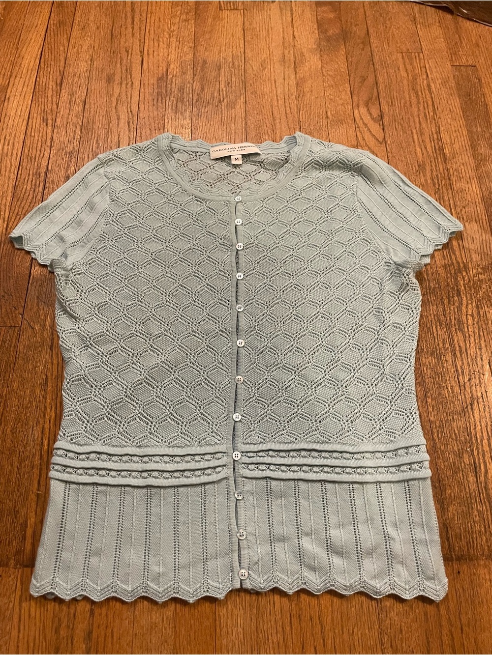 Carolina Herrera Pale Blue Short-Sleeve Knit Button-Front Top